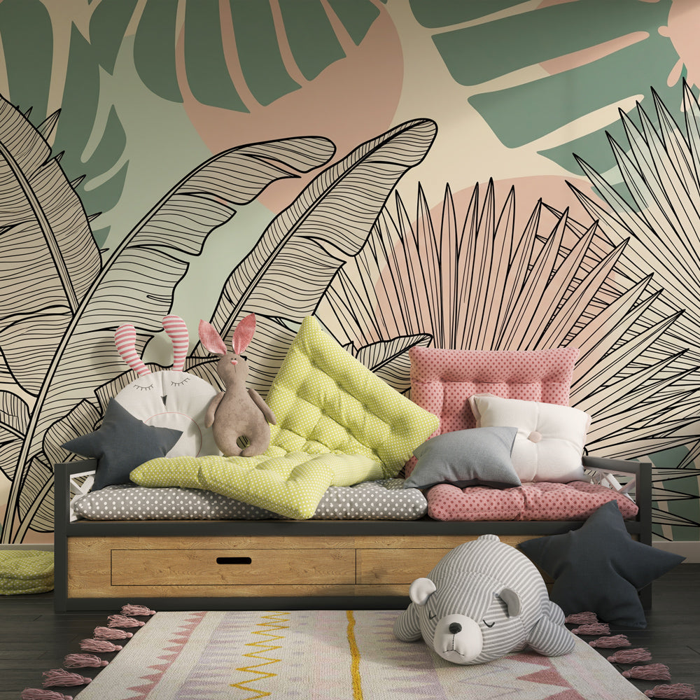 Modern tropical wallpaper creating botanical paradise in children's bedroom decor