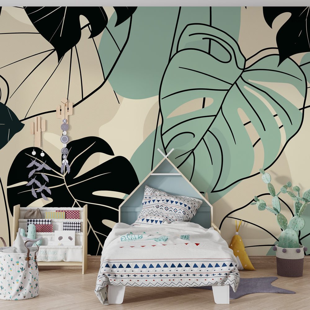 Mint green botanical mural wallpaper creating peaceful play area in children's room by Kids-Mundo