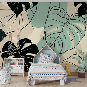 Mint green botanical mural wallpaper creating peaceful play area in children's room by Kids-Mundo
