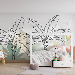 Botanical mural wallpaper with terracotta accents creating calm kids room atmosphere