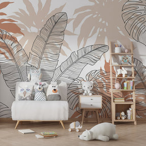 Tropical foliage wallpaper in kids room with natural materials and calming atmosphere