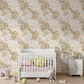 Botanical mural wallpaper with tropical foliage creating peaceful children's room decor by Kids-Mundo