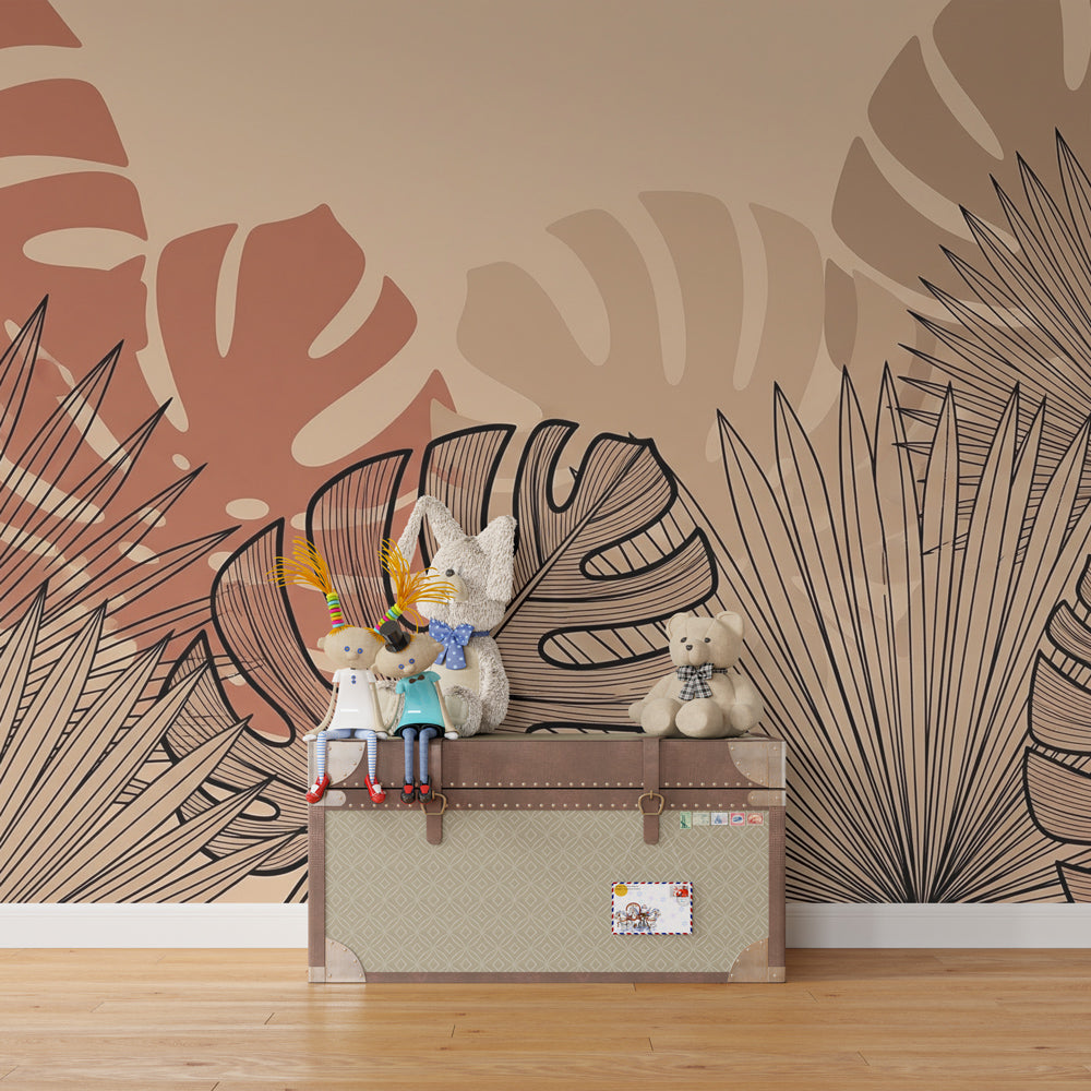 Botanical mural wallpaper with palm leaves and terracotta colors in children's room setting