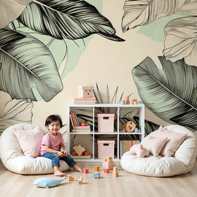 Tropical leaves mural wallpaper in mint green creating serene nursery decor by Kids-Mundo