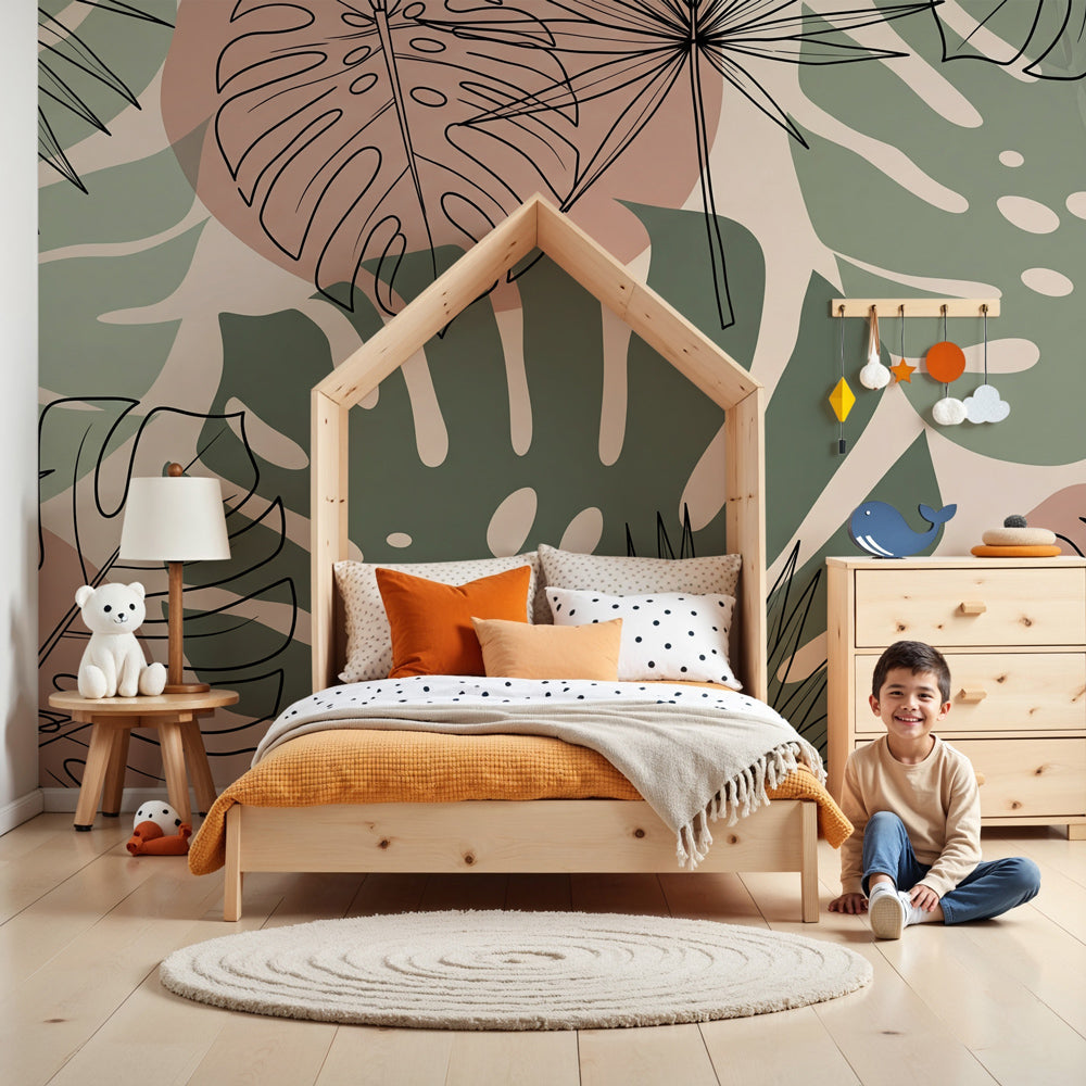 Tropical leaves mural wallpaper in soft watercolor style decorating modern nursery by Kids-Mundo