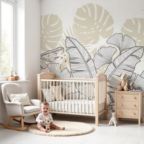 Black white tropical leaves mural wallpaper in modern nursery room by Kids-Mundo