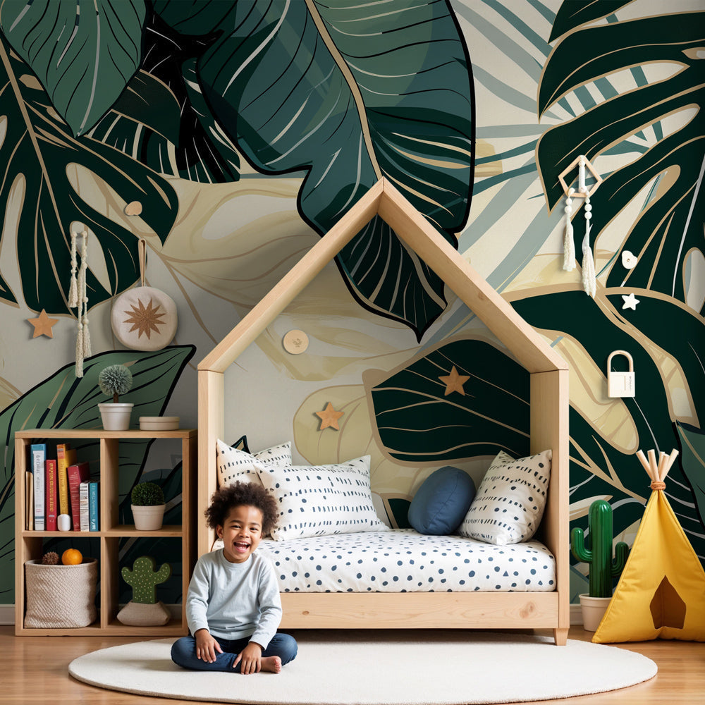 Tropical leaves mural wallpaper creating serene jungle nursery decor by Kids-Mundo