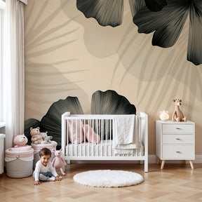 Tropical leaves mural wallpaper in serene baby nursery with wooden crib by Kids-Mundo