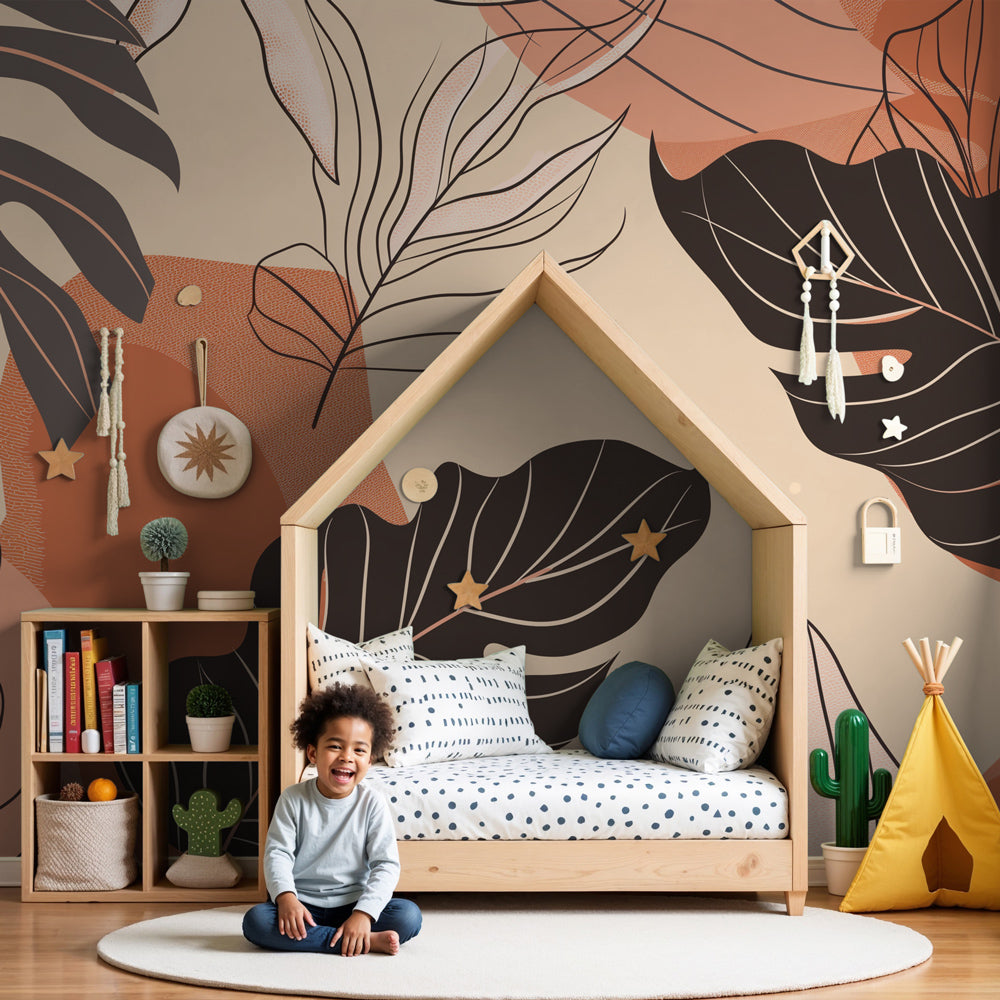 Tropical leaves mural wallpaper in modern nursery with natural wood furniture by Kids-Mundo