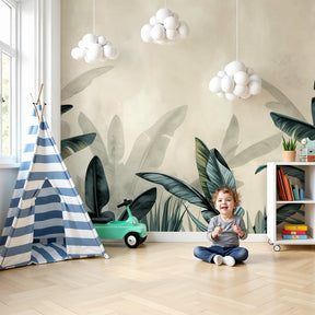 Tropical leaves mural wallpaper creating serene botanical nursery decor by Kids-Mundo