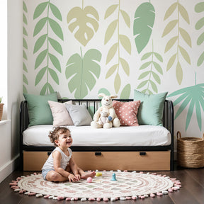 Tropical leaves mural wallpaper creating serene green nursery decor by Kids-Mundo