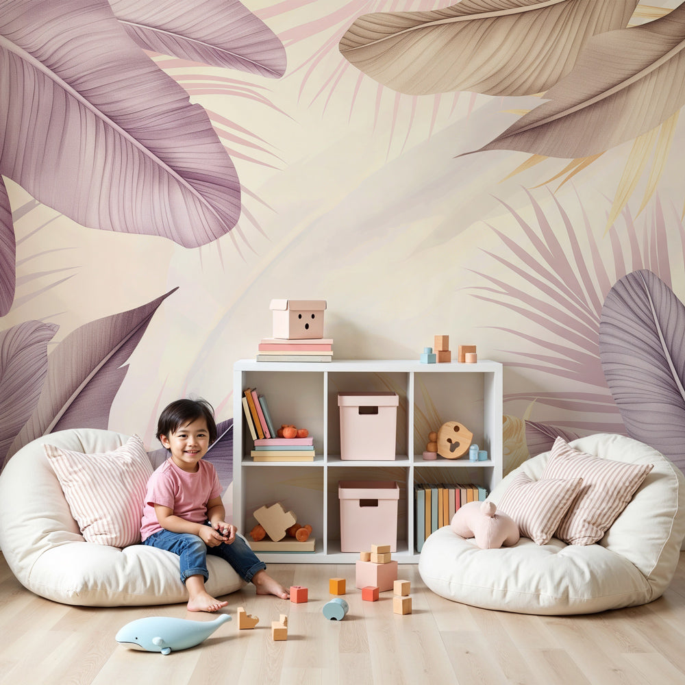 Soft purple tropical leaves mural wallpaper in modern nursery with natural wood furniture by Kids-Mundo