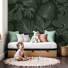 Tropical leaves mural wallpaper with white outlines creating serene nursery decor by Kids-Mundo
