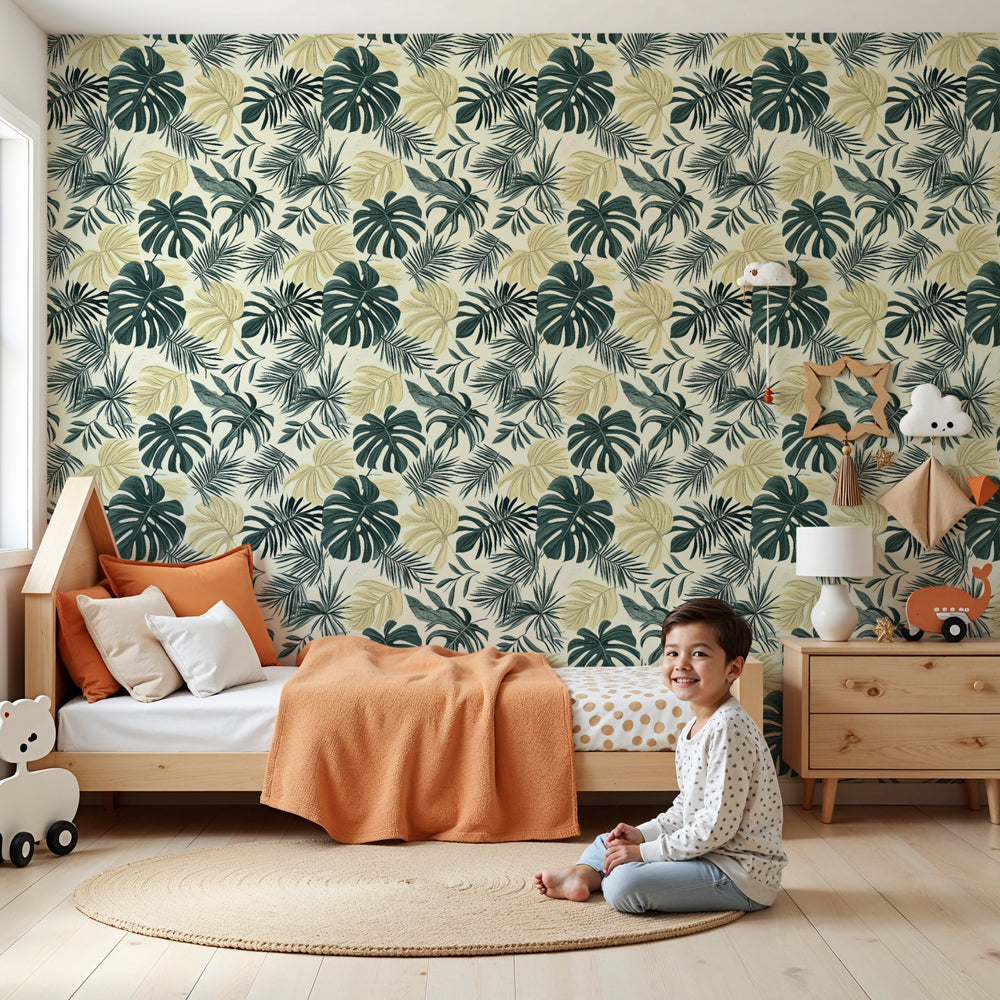 Tropical leaves mural wallpaper creating serene jungle atmosphere in modern nursery by Kids-Mundo