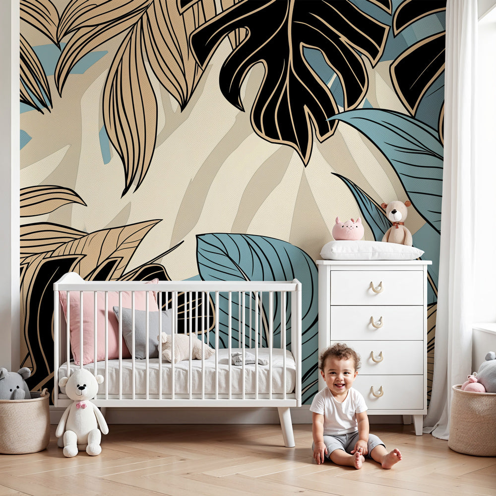 Tropical leaves mural wallpaper in blue and beige creating serene nursery atmosphere by Kids-Mundo