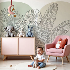 Tropical leaves outline mural wallpaper creating modern jungle nursery decor by Kids-Mundo