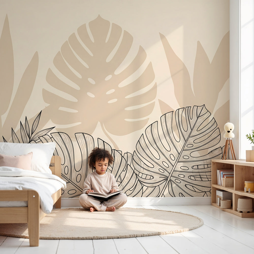 Tropical leaves mural wallpaper in beige tones decorating a serene nursery by Kids-Mundo