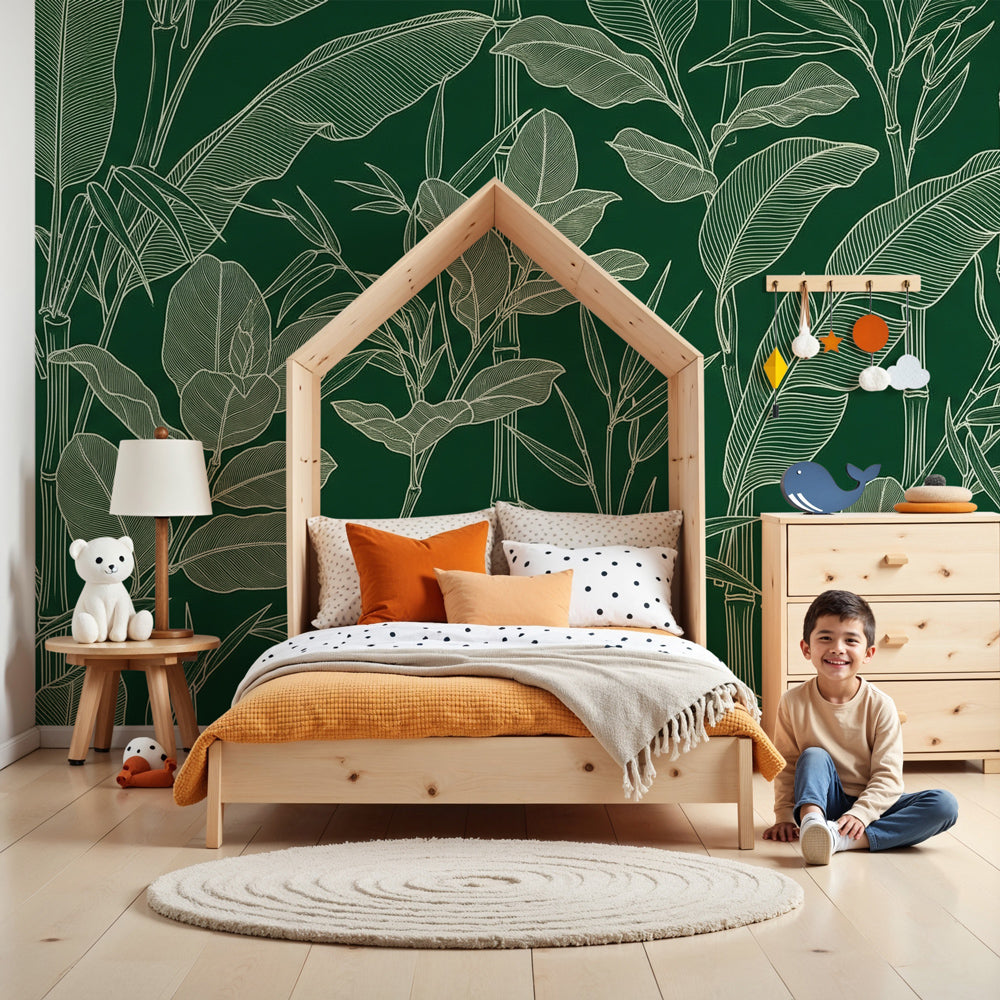 Tropical leaves mural wallpaper creating botanical nursery decor with green jungle theme by Kids-Mundo