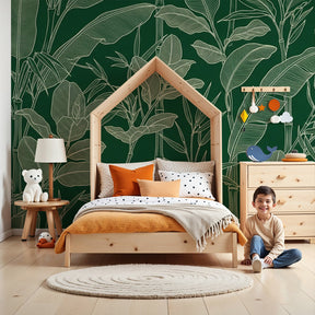Tropical leaves mural wallpaper creating botanical nursery decor with green jungle theme by Kids-Mundo