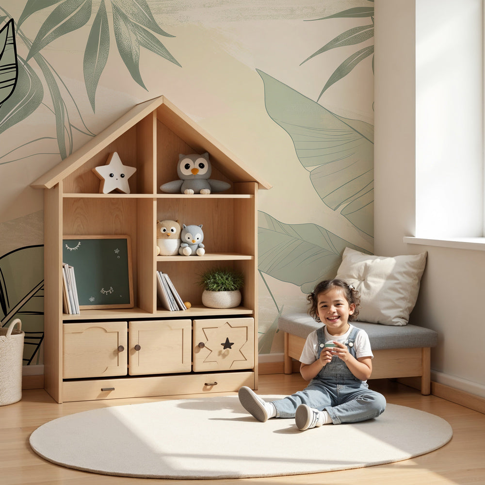 Tropical leaves mural wallpaper in soft green tones decorating modern nursery room by Kids-Mundo