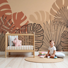 Tropical leaves mural wallpaper in terracotta tones decorating modern nursery by Kids-Mundo