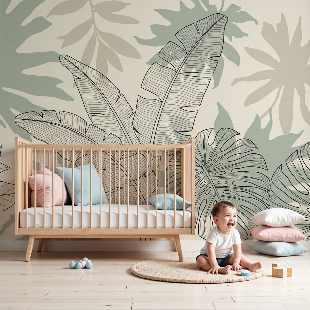 Tropical leaves mural wallpaper creating peaceful nursery atmosphere with green and black botanical design by Kids-Mundo
