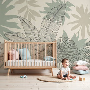 Tropical leaves mural wallpaper creating peaceful nursery atmosphere with green and black botanical design by Kids-Mundo