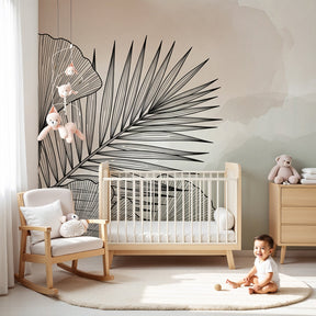 Tropical leaves mural wallpaper creating serene botanical nursery decor by Kids-Mundo