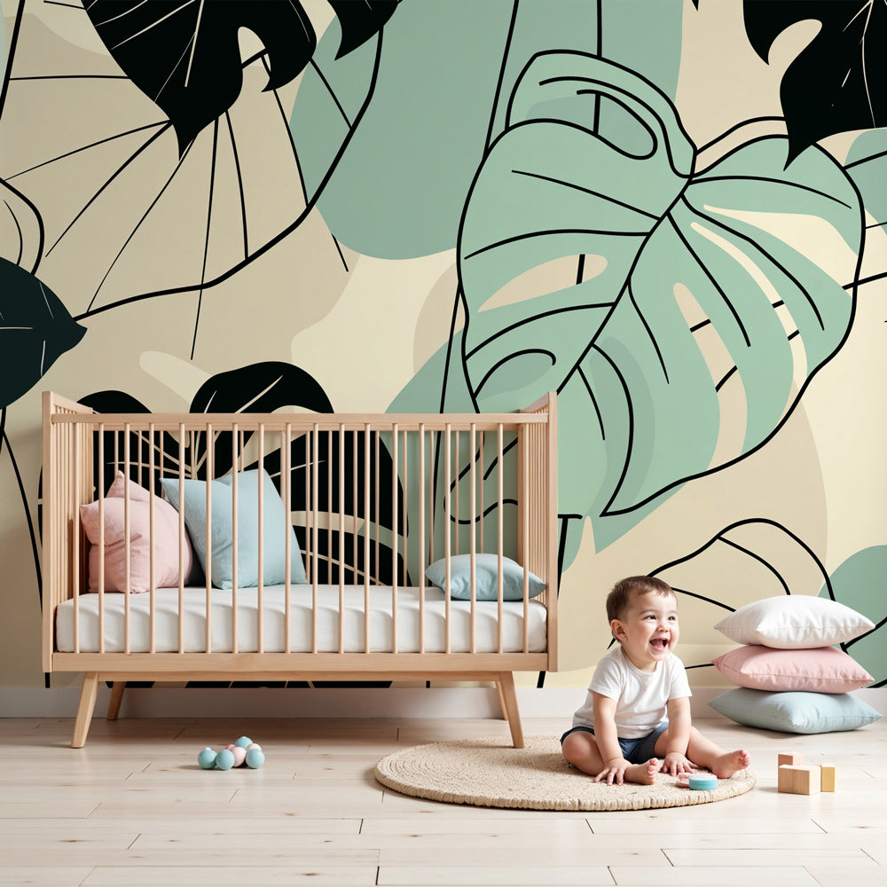 Tropical leaves mural wallpaper in mint green creating serene nursery atmosphere by Kids-Mundo