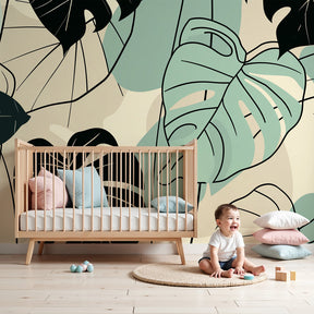 Tropical leaves mural wallpaper in mint green creating serene nursery atmosphere by Kids-Mundo