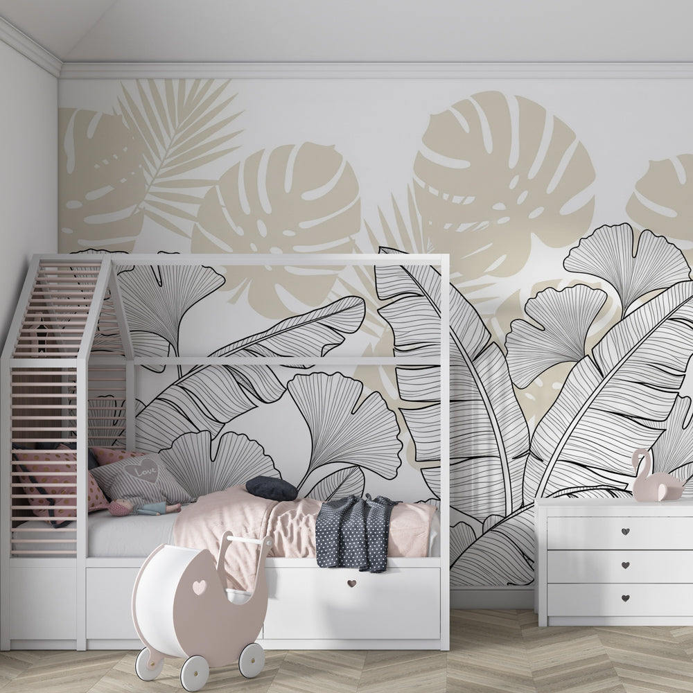 Elegant black white leaf mural wallpaper for sophisticated children's playroom by Kids-Mundo