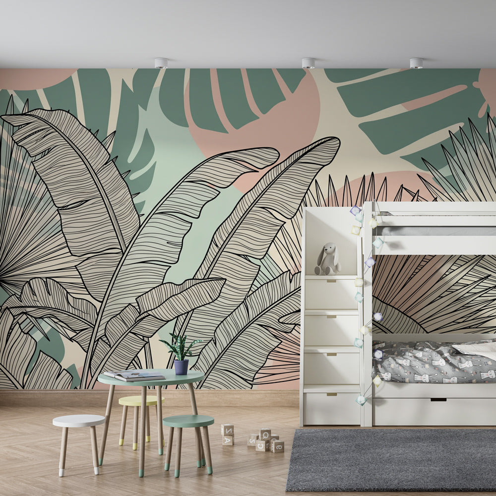 Green tropical leaves wallpaper transforming playroom into nature-inspired space