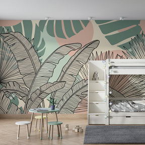 Green tropical leaves wallpaper transforming playroom into nature-inspired space