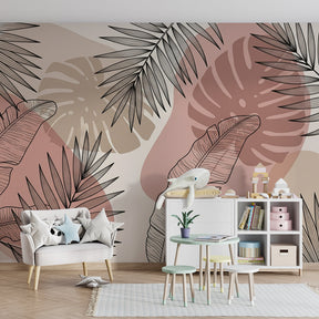 Nature-inspired tropical leaves wallpaper transforming kids playroom with elegant linear patterns