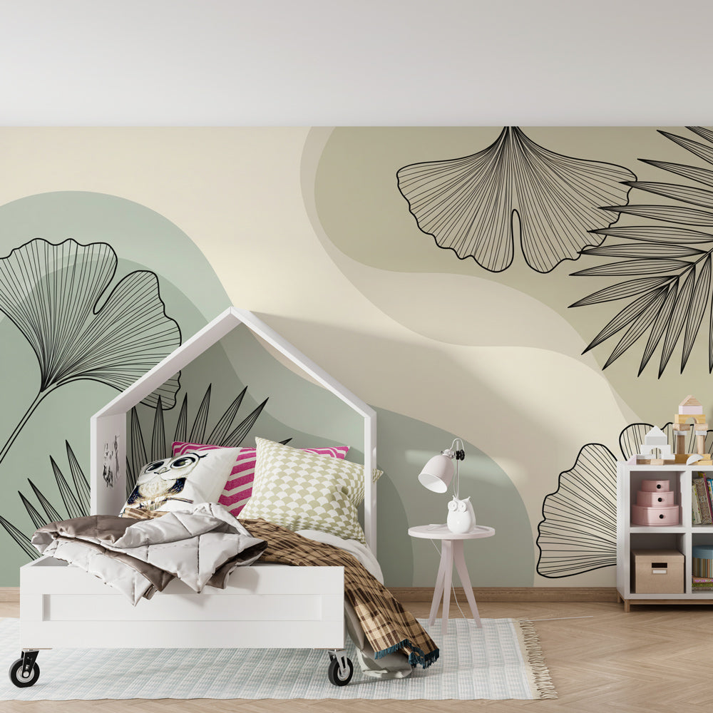 Tropical botanical mural wallpaper in khaki and green tones for stylish children's playroom