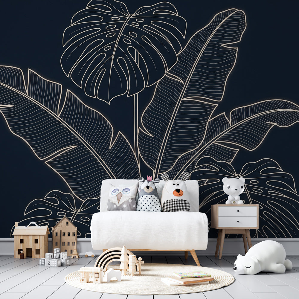 Botanical mural wallpaper featuring monstera leaves in contemporary children's playroom design by Kids-Mundo