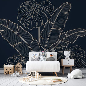 Botanical mural wallpaper featuring monstera leaves in contemporary children's playroom design by Kids-Mundo
