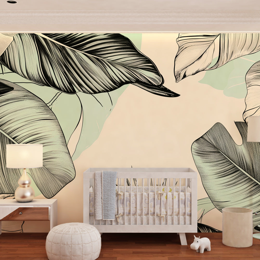 Mint green tropical leaves wallpaper transforming children's playroom into botanical sanctuary