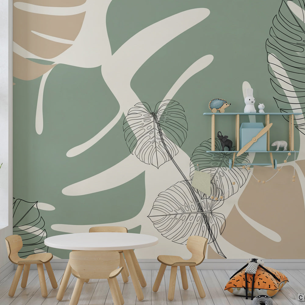 Nature-inspired tropical wallpaper creating calming atmosphere in modern kids playroom