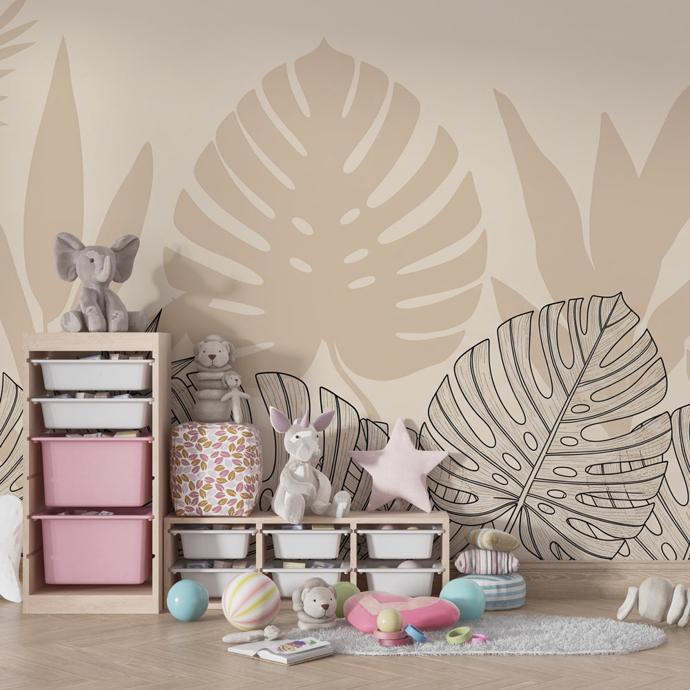 Nature-inspired tropical wallpaper transforming children's playroom with botanical shadow design