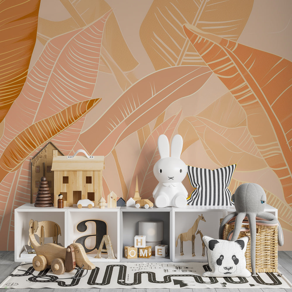 Pink orange tropical leaves wallpaper transforming kids playroom into nature sanctuary