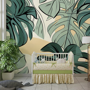 Nature-inspired tropical leaves wallpaper in bright children's playroom setting