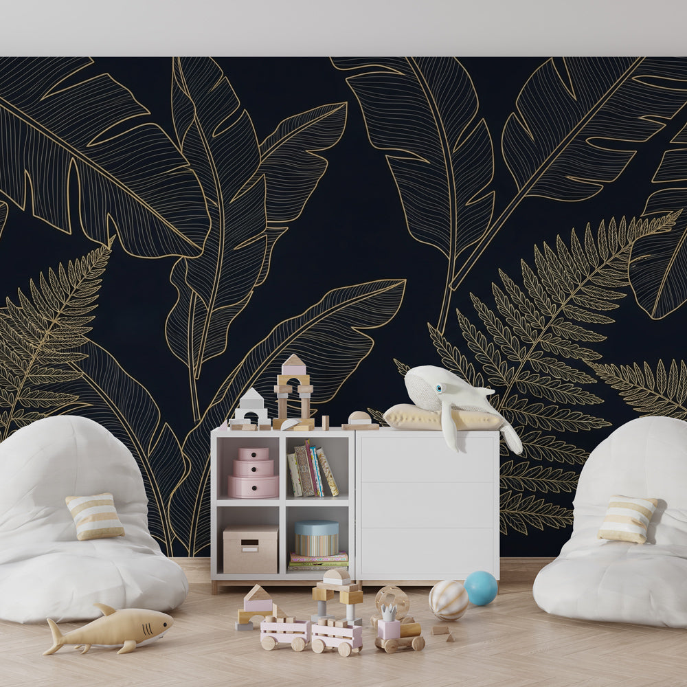 Sophisticated tropical leaves wallpaper transforming children's playroom with botanical elegance