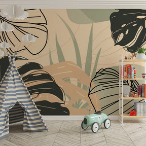 Green tropical botanical mural wallpaper enhancing children's playroom with peaceful jungle theme