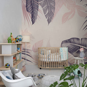 Pink violet tropical leaves wallpaper transforming kids playroom into nature sanctuary