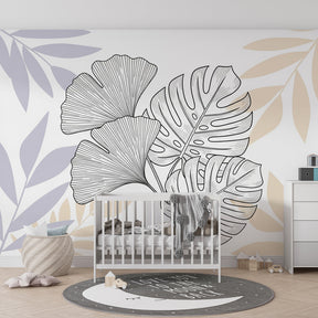 Nature-inspired tropical wallpaper with pastel accents in kids playroom setting