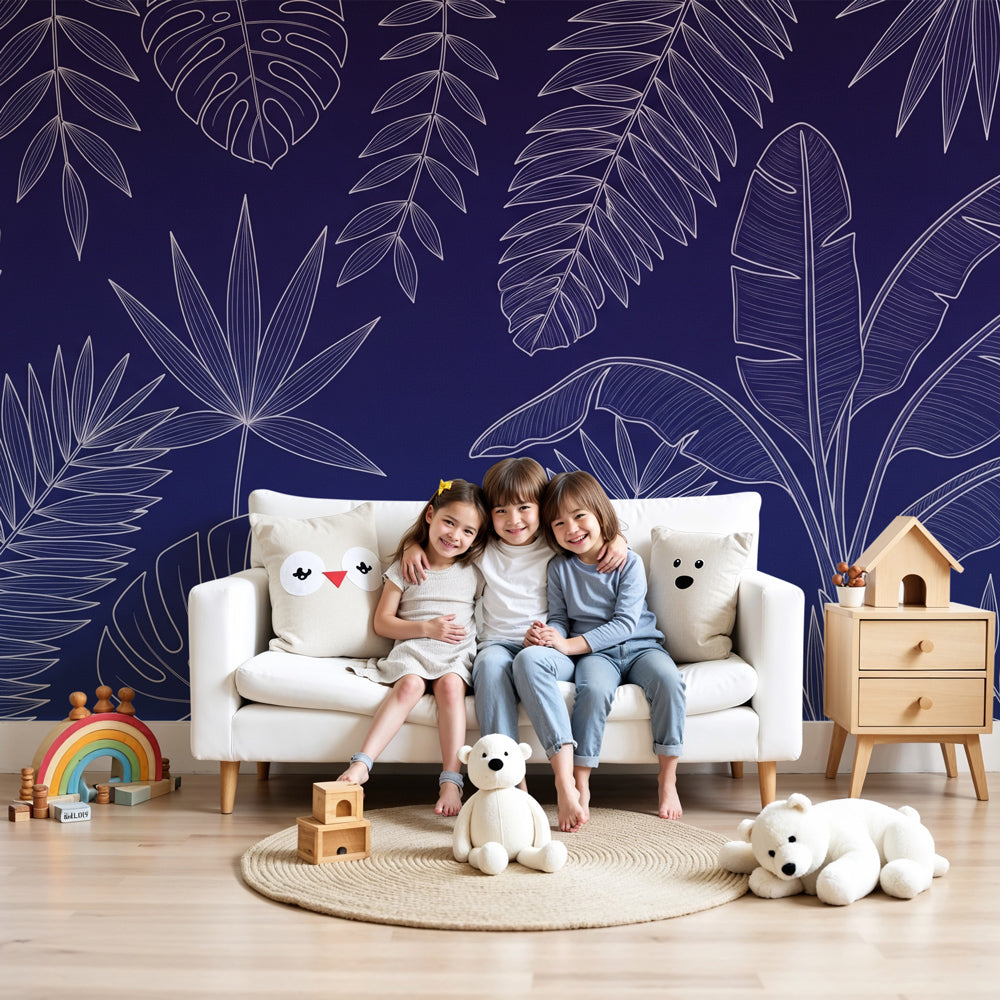 Tropical leaves mural wallpaper with purple background creating serene nursery decor by Kids-Mundo