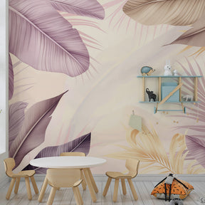 Tropical botanical mural wallpaper for children's room featuring soft watercolor leaf patterns
