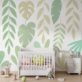 Nature-themed mural wallpaper for children's room showcasing tropical leaf patterns