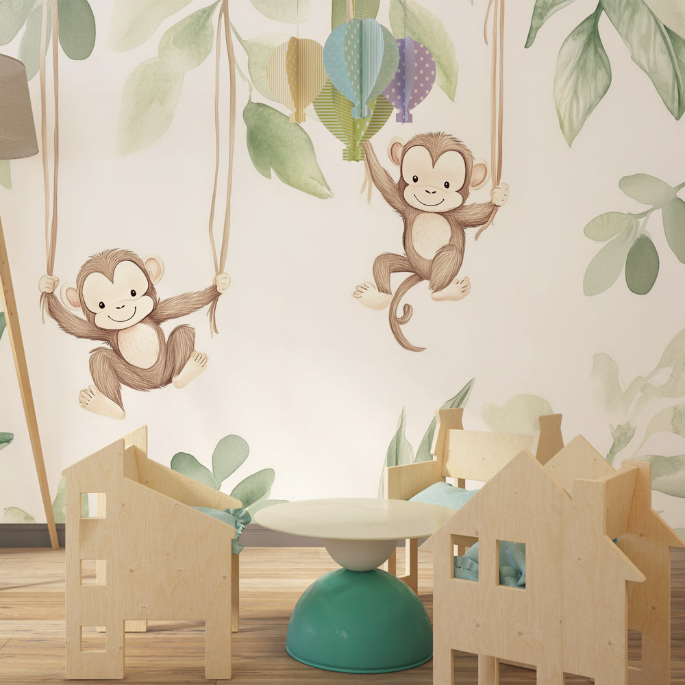 Playful monkey wallpaper with tropical foliage in modern baby room setting